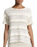 Rafel Short-Sleeve Fringed Crochet Top, Natural