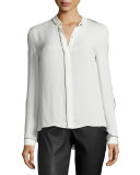 Yvette Long-Sleeve Contrast-Piped Silk Blouse, Antique