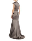Cap-Sleeve Satin Peplum Gown, Pewter