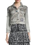 Shrunken Embellished Denim Jacket, Ecru