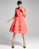 Sequined 3/4-Sleeve Belted Shirtdress, Poppy