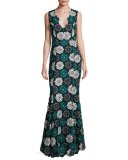 April Sleeveless Medallion Lace Gown, Blue/Black