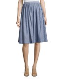 Pencil-Stripe Shirred Full Skirt, Blue/White