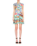 Cap-Sleeve Jewel-Neck Printed Dress, Rainbow Cloud