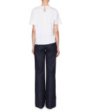 Flutter-Sleeve Jewel-Neck Top, White