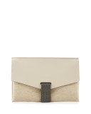 Monili-Tab Leather Flap Clutch Bag, Cream