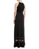 Shine Milano Knit Gown w/ Sheer Stripes, Caviar