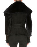 Long-Sleeve Belted Shearling Fur Vest, Black