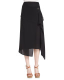 Mid-Rise Asymmetric Silk Midi Skirt, Black