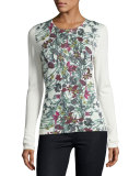 Superfine Floral-Print Cashmere Crewneck Top