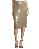 Embellished Below-Knee Pencil Skirt, Sage Beige