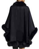 Fox-Fur-Trim Cashmere Cape, Navy