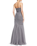 Strapless Ruched Tulle Gown, Slate