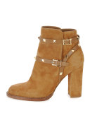 Rockstud Suede Chunky-Heel Boot, Tan
