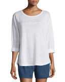 Rolled-Sleeve Draped Linen Tee