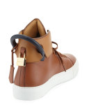 125mm High-Top Leather Sneaker with Padlock, Tan/Navy