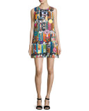 Book-Print Cashmere Shift Dress, Multi Colors