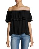 Dominga Gauze Off-the-Shoulder Tassel-Trim Top, Black