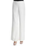 Wide-Leg Linen Side-Zip Pants, White 