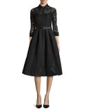 Lace Full-Skirt Belted Cocktail Shirtdress