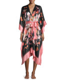 Scarf Printed Belted Wrap Caftan, Black