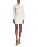 Long-Sleeve Tie-Neck Mini Dress, White