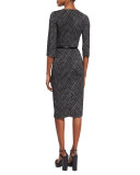 3/4-Sleeve Belted Sheath Dress, Black/Optic White