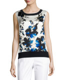 Painted Oleandar Jewel-Neck Shell, Blue Pattern 