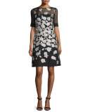 Stamped-Floral A-Line Dress, Black