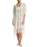 Embroidered Fringe-Hem Chiffon Caftan Coverup