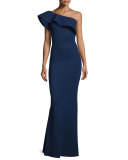 Elise One-Shoulder Ruffle Stretch Jersey Gown, Blue