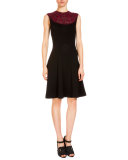 Lorna Lace-Inset Fit-&-Flare Dress, Burgundy