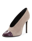 Suede Cap-Toe 105mm V-Neck Pump, Gray/Aubergine