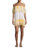 Angelique Off-the-Shoulder Tropical Lace Coverup Dress, White with Mango