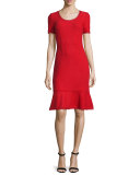 Textured Short-Sleeve Flounce Dress, Paprika