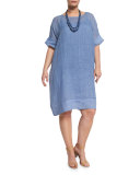 Distico Short-Sleeve Ramie Shift Dress, Plus Size 