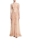 Beaded Tulle High-Neck Sleeveless Gown, Pink
