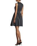 Sleeveless Pleated Fit-and-Flare Dress, Black