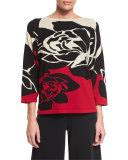 3/4-Sleeve Rose Intarsia Sweater