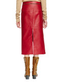 Leather Slit-Front Midi Skirt, Red