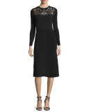 Long-Sleeve Macrame-Inset Dress, Black