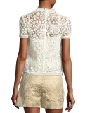 Hummingbird-Embroidered Lace Top, Ivory (Panna)