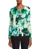 Long-Sleeve Leaf-Print Cardigan, Multi/Green