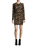Long-Sleeve Printed Mini Dress, Black