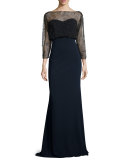 3/4-Sleeve Beaded Blouson Gown, Black/Navy