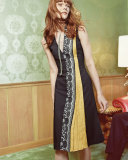 Sleeveless V-Neck Lace-Inset Dress, Black/Ivory/Yellow