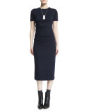 Short-Sleeve Wool Jersey Dress, Navy