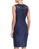 Sequined Knit Jewel-Neck Dress, Sapphire