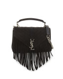 Monogram Fringe College Suede Shoulder Bag, Black