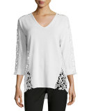 3/4-Sleeve Lace-Inset Sweater, Blanc